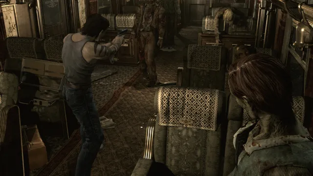 Resident Evil 0 screenshot: Billy aims a pistol at zombies between the seats of a train carriage