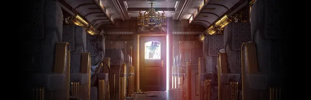 Resident Evil 0 key art: the empty, blood-stained passenger carriage of a luxury train, light spilling through its far door
