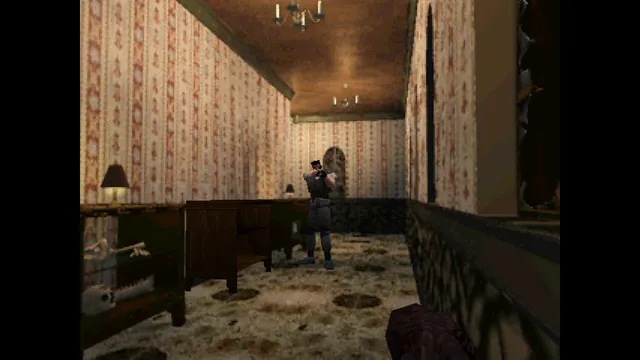 Resident Evil (1996) screenshot: seen from above, a zombie reaches for Chris in a narrow corridor with a wooden floor
