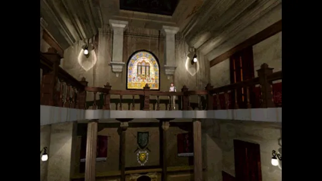 Resident Evil (1996) screenshot: the mansion's main hall with a balcony, a stained glass window and a small figure on the landing