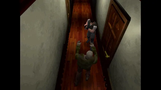 Resident Evil (1996) screenshot: Chris raises a gun at a zombie by the fridge in a tiled kitchen with blood on the counter