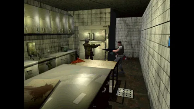 Resident Evil (1996) screenshot: a giant snake rears up with its mouth open in a wood-panelled room