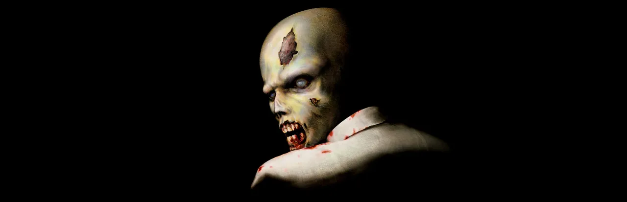 Resident Evil (1996) key art: a pale zombie with a wound in its forehead and a bloodied shirt turns toward the viewer out of black darkness