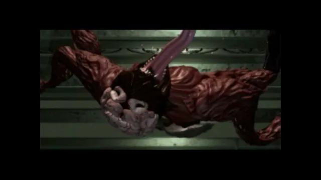 Resident Evil 2 (1998) cutscene: a licker, a skinless creature with an exposed brain, lashes out its long tongue