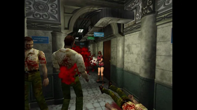 Resident Evil 2 (1998) screenshot: Claire in a tiled corridor as bloodied zombies shamble toward her past a body on the floor