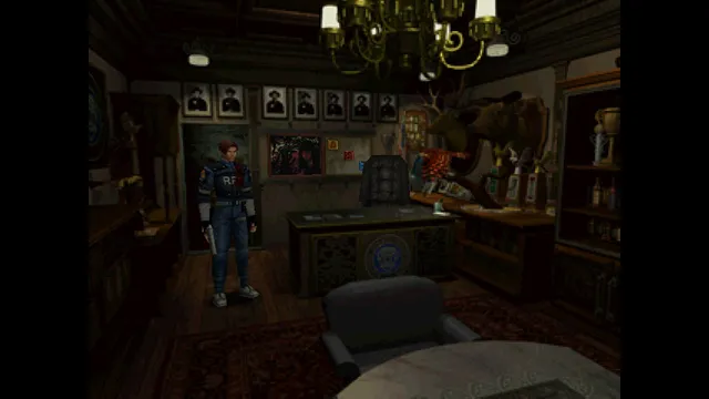 Resident Evil 2 (1998) screenshot: Leon in a wood-panelled office lined with portraits and stuffed animal heads