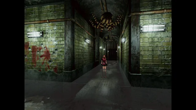 Resident Evil 2 (1998) screenshot: Claire in a dim brick tunnel with blood on the wall as a giant striped spider hangs from the ceiling