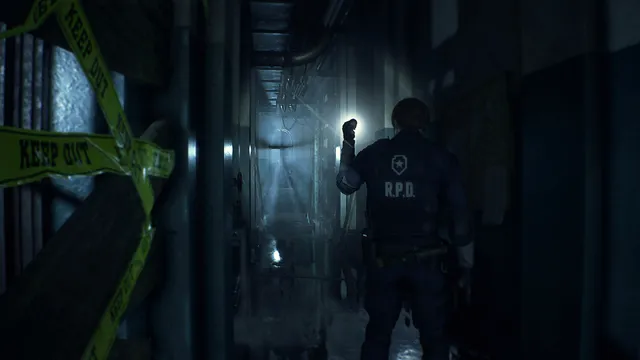 Resident Evil 2 screenshot: Leon shines a flashlight down a dark corridor past broken boards and Keep Out tape