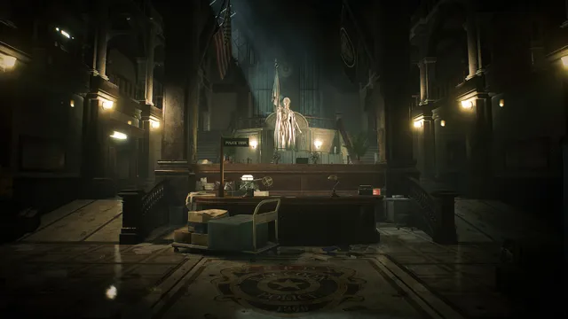 Resident Evil 2 screenshot: the dim marble main hall of the Raccoon City Police Department with its statue
