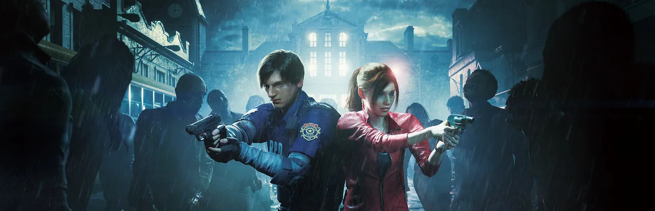 Resident Evil 2 key art: Leon in his police uniform and Claire in a red jacket aim pistols as zombies close in on a rainy street