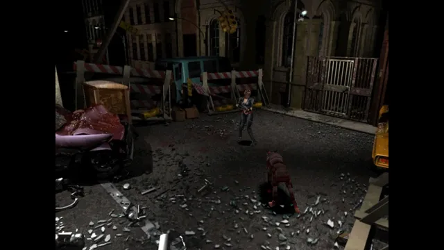 Resident Evil 3 Nemesis (1999) screenshot: Jill on a ruined street at night as a skinless zombie dog approaches past broken glass