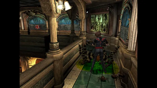 Resident Evil 3 Nemesis (1999) screenshot: Jill on an ornate balcony with arched stained-glass windows as giant striped spiders crawl around her