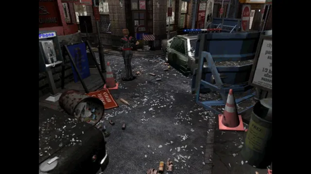 Resident Evil 3 Nemesis (1999) screenshot: Jill walks a debris-strewn Raccoon City street of traffic cones, a wrecked car and closed shops