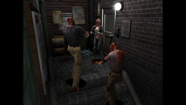Resident Evil 3 Nemesis (1999) screenshot: Jill Valentine in a dark brick alley as two bloodied zombies close in on her