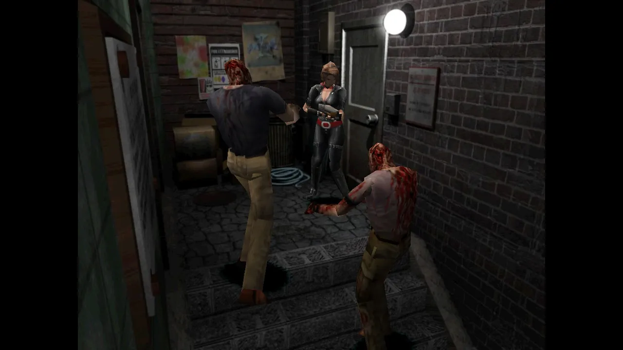 Resident Evil 3 Nemesis (1999) screenshot: Jill Valentine in a dark brick alley as two bloodied zombies close in on her