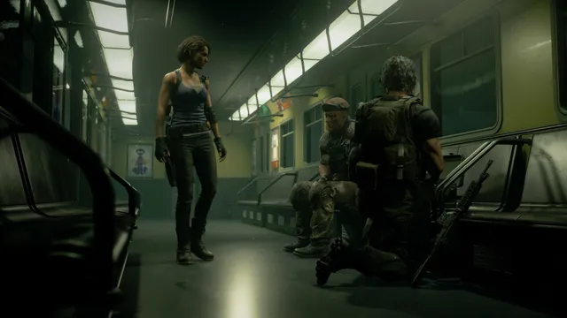 Resident Evil 3 screenshot: Jill stands in a lit subway car while two armed soldiers crouch near the doors