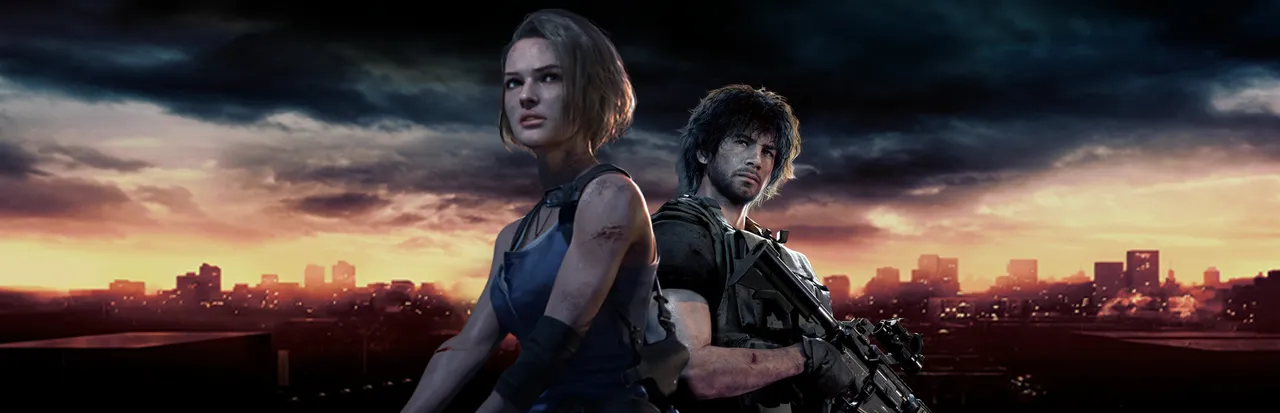 Resident Evil 3 art: Jill Valentine and Carlos Oliveira stand against a red sunset over the Raccoon City skyline
