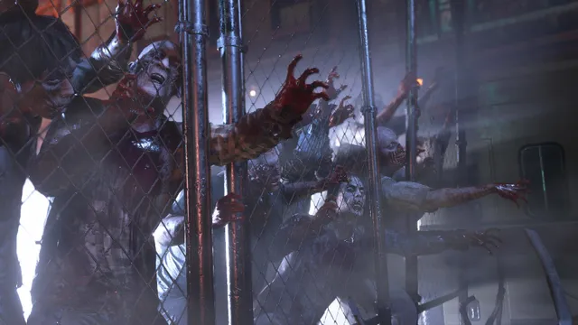 Resident Evil 3 screenshot: bloodied zombies press against a chain-link fence with their hands through the wire