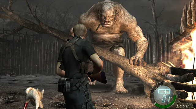Resident Evil 4 (2005) screenshot: a giant drags a tree trunk toward Leon in a fenced village while a dog stands nearby