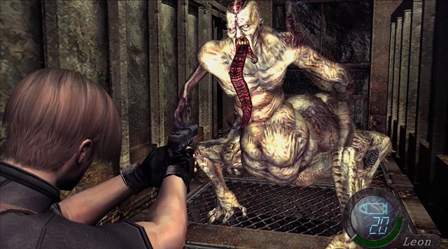 Resident Evil 4 (2005) screenshot: Leon aims at a pale crouching creature with a long tongue on a metal grate
