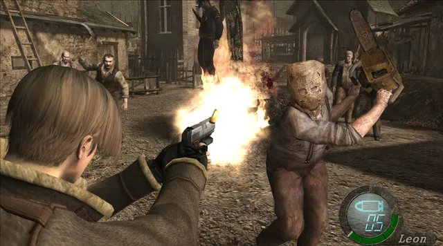 Resident Evil 4 (2005) screenshot: Leon fires a handgun at a villager with a sack over his head and a chainsaw