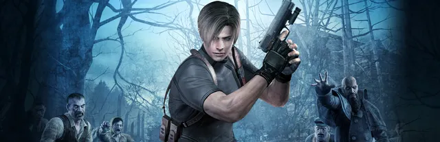 Resident Evil 4 (2005) art: Leon Kennedy holds a handgun in a misty forest as infected villagers close in on both sides