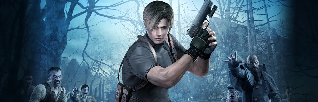 Resident Evil 4 (2005) art: Leon Kennedy holds a handgun in a misty forest as infected villagers close in on both sides