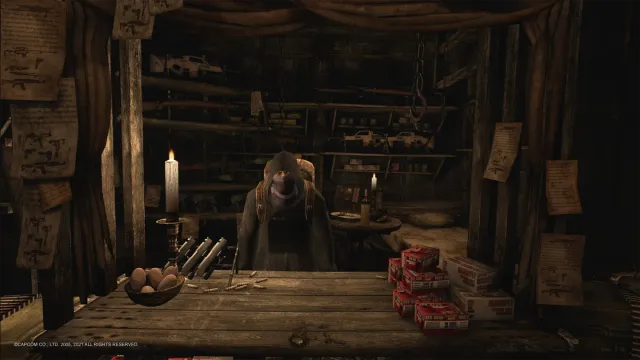 Resident Evil 4 VR screenshot: the hooded merchant stands behind a candlelit counter of guns, ammunition boxes and eggs