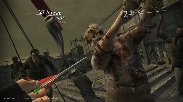 Resident Evil 4 VR screenshot: the player draws a bow at a sack-masked villager raising an axe on a wooden dock, a score counter above