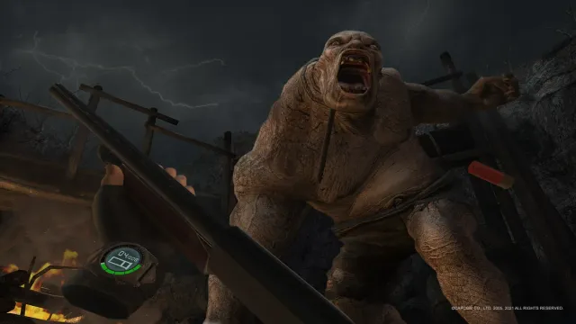 Resident Evil 4 VR screenshot: a giant roaring creature looms over the player, who holds a large knife beside a burning fire under a stormy sky