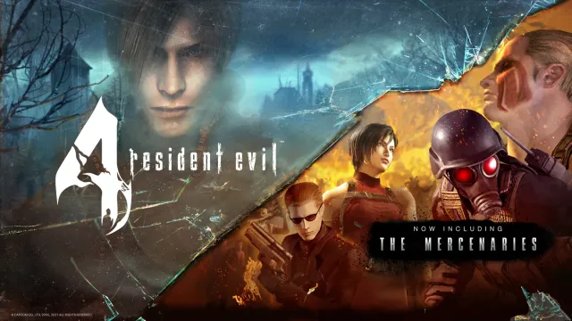 Resident Evil 4 VR key art: Leon Kennedy's face over a dark village beside the Resident Evil 4 logo, with The Mercenaries characters on the right
