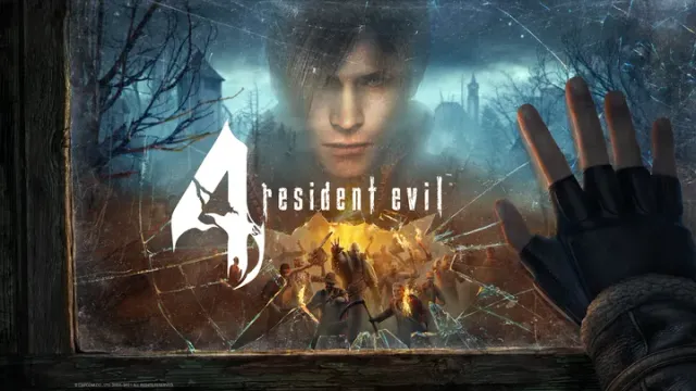 Resident Evil 4 VR key art: a gloved hand presses against a cracked window showing Leon's face, a castle and a crowd of villagers with torches