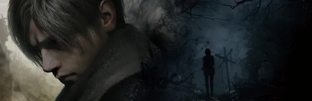 Resident Evil 4 key art: a close-up of Leon Kennedy's face beside a dark foggy forest with a figure standing by wooden crosses