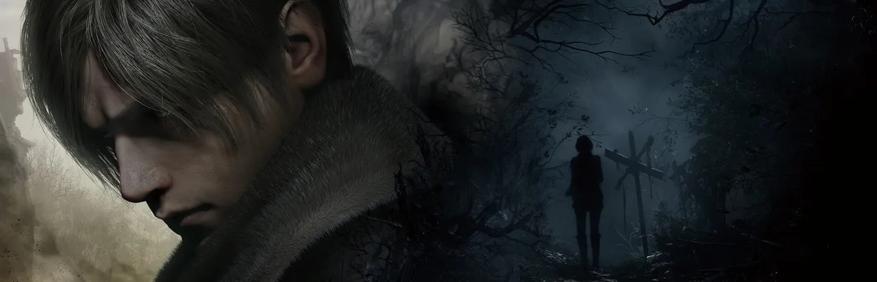 Resident Evil 4 key art: a close-up of Leon Kennedy's face beside a dark foggy forest with a figure standing by wooden crosses