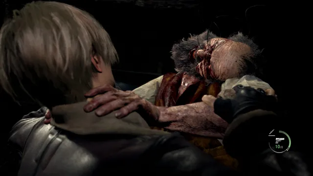 Resident Evil 4 screenshot: Leon grabbed at close range by a bloodied, deformed villager while holding a pistol