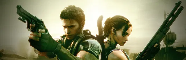 Resident Evil 5 key art: Chris Redfield and Sheva Alomar back to back with a pistol and a shotgun