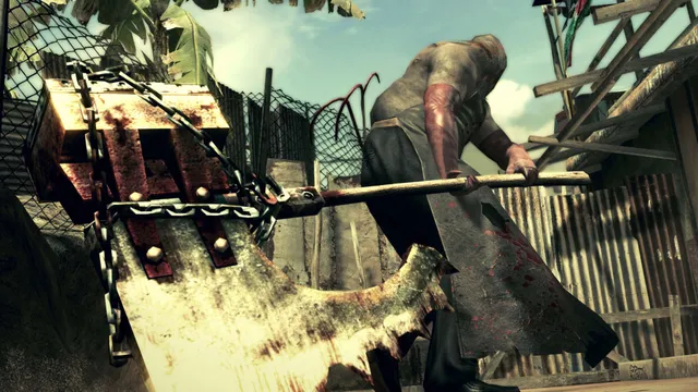 Resident Evil 5 screenshot: a hooded executioner drags a huge bloody axe through a shanty town