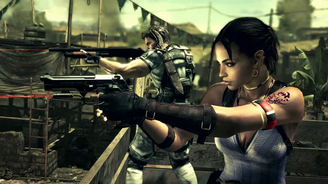 Resident Evil 5 screenshot: Chris and Sheva aim a shotgun and a pistol from a rooftop in the town