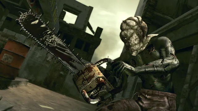 Resident Evil 5 screenshot: a masked, bloodied Majini raises a chainsaw in a ruined street
