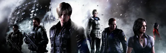 Resident Evil 6 key art: Leon, Chris, Jake, Sherry, Helena, Ada and Piers standing in a ruined, snowy city