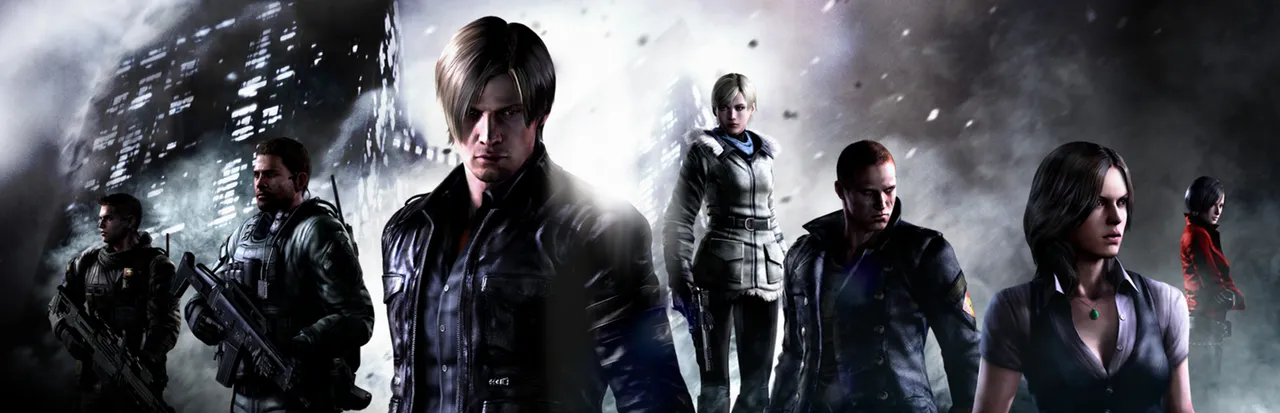 Resident Evil 6 key art: Leon, Chris, Jake, Sherry, Helena, Ada and Piers standing in a ruined, snowy city