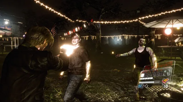 Resident Evil 6 screenshot: Leon strikes a zombie under string lights in a park at night
