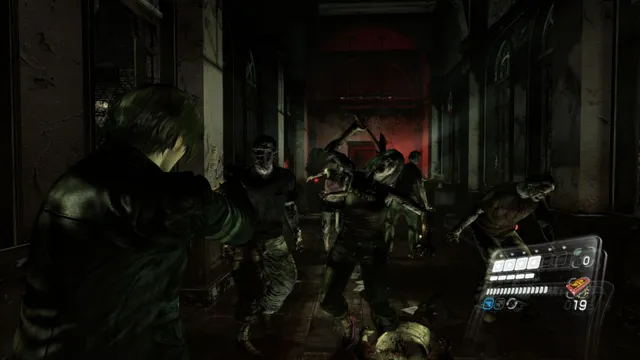 Resident Evil 6 screenshot: Leon faces a crowd of zombies in a dark, red-lit hall