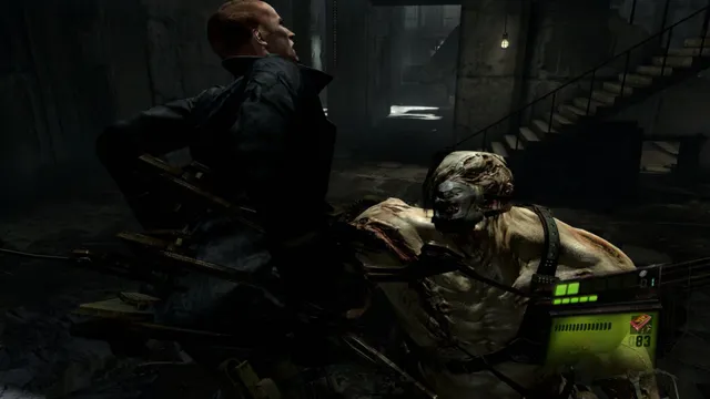 Resident Evil 6 screenshot: Jake fights a pale, hulking mutant in a dark industrial building
