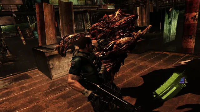 Resident Evil 6 screenshot: a mutated creature with a mass of flesh for a head attacks Chris in a warehouse