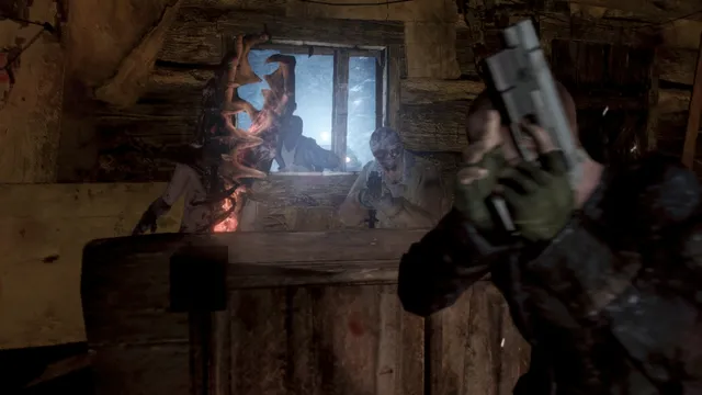 Resident Evil 6 screenshot: zombies break through a cabin window as Leon raises his pistol