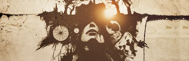 Resident Evil 7 Biohazard key art: a sepia, ink-stained collage of a woman's face, the dark house and dead trees above it