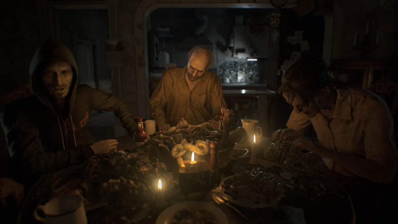 Resident Evil 7 screenshot: the Baker family, Lucas, Jack and Marguerite, at a candlelit dinner table piled with rotting food