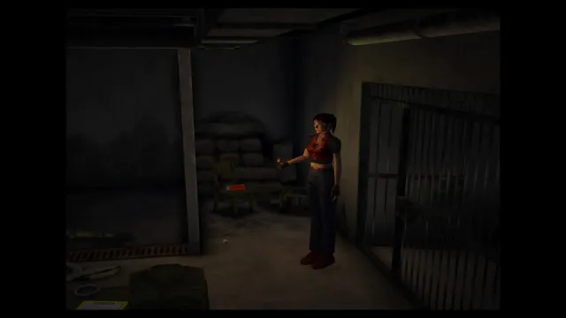 Claire holding a lighter in a dim prison room beside cell bars and sandbags