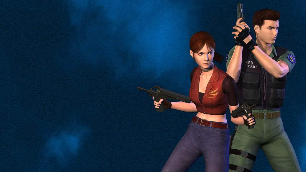 Resident Evil Code: Veronica X art: Claire Redfield with a rifle and Chris Redfield with a pistol in his S.T.A.R.S. vest against a dark blue sky